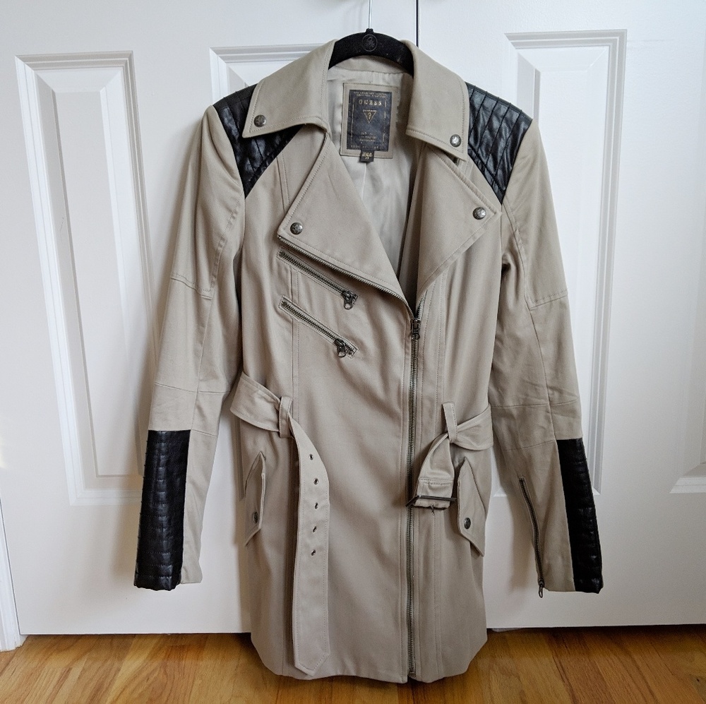 Guess Leather accent trench coat jacket